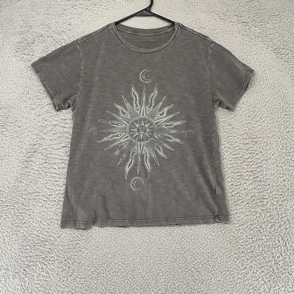 Lucky Brand T-Shirt Womens XS Gray Sun Moon Celestial Graphic Tee Soft Whimsical